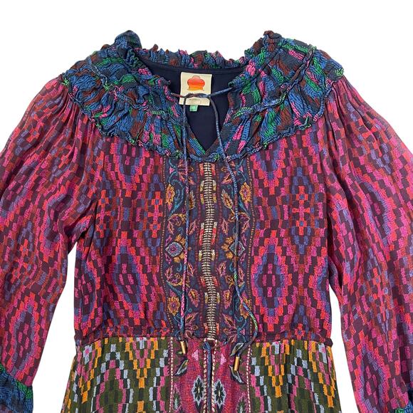 Farm Rio Beaded Tassel Tapestry Maxi Dress - Balloon Sleeves - Multicolor - XS - Picture 5 of 9